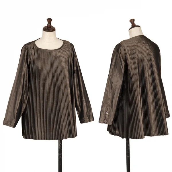 プラダPRADA シャイニーシルクプリーツブラウス 茶40 K-125166_001