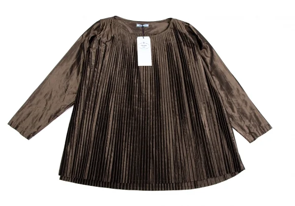 プラダPRADA シャイニーシルクプリーツブラウス 茶40 K-125166_002