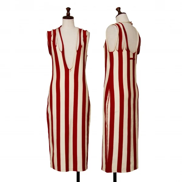 Jean Paul GAULTIER MAILLE Striped Cutting Shoulder Dress Red,White 42 K-126065_001