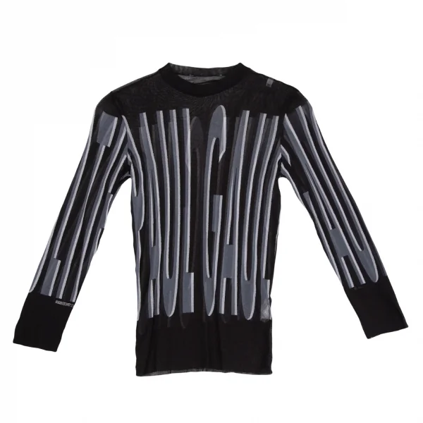 ジャンポールゴルチエ マイユJean Paul GAULTIER AILLE モックネックロゴストライプパワーネットカットソー 黒青M K-126066_002