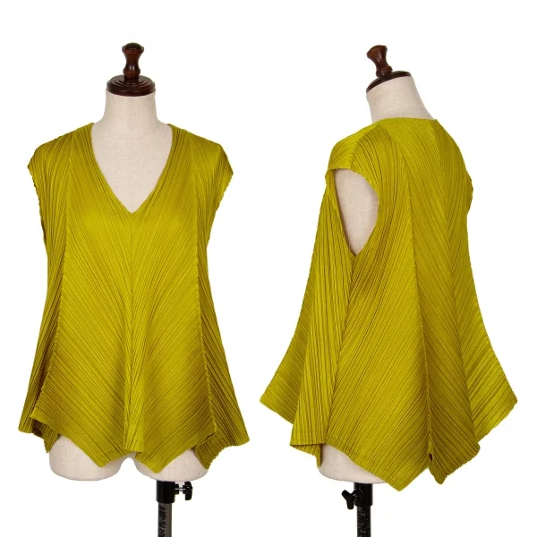 プリーツプリーズPLEATS PLEASE プリーツ切替デザインVネックノースリーブ マスタード3 K-126214_001