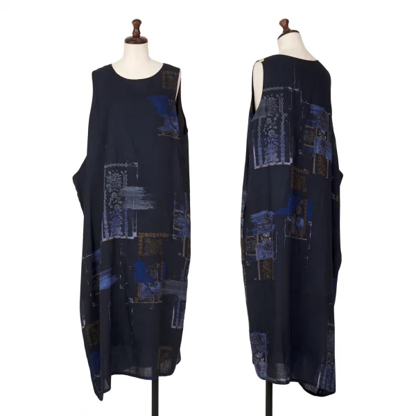 ワイズY's フラワープリントアシンメトリースリーブワンピース 紺2 K-126293_001