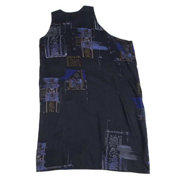 ワイズY's フラワープリントアシンメトリースリーブワンピース 紺2 K-126293_012