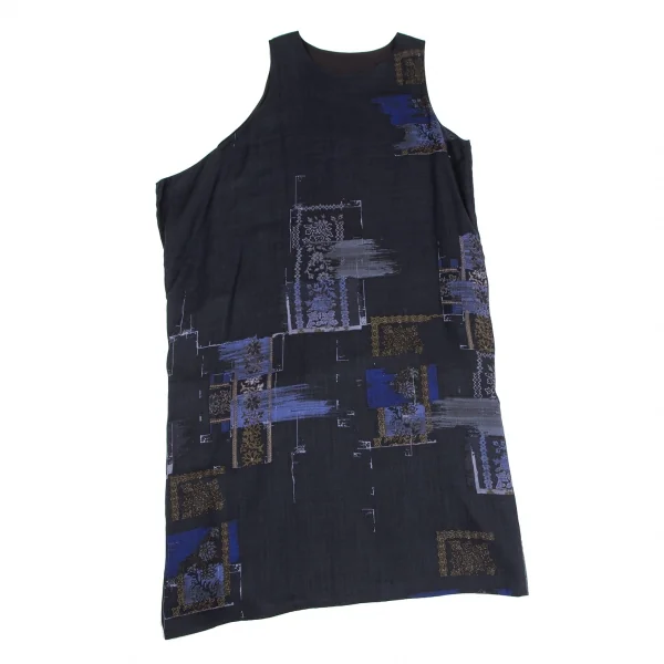 ワイズY's フラワープリントアシンメトリースリーブワンピース 紺2 K-126293_002