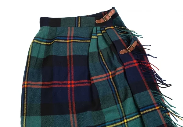 ラルフローレンRalph Lauren ウールフリンジデザインタータンチェックベルトラップスカート 紺緑他9 K-126806_003