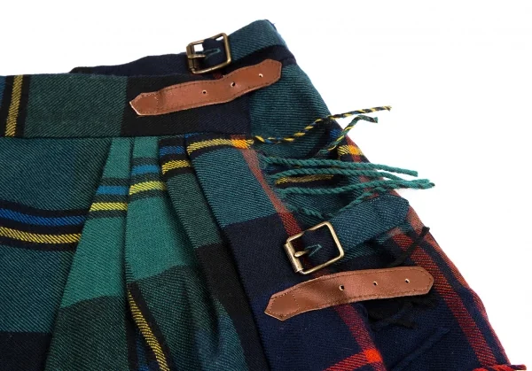 ラルフローレンRalph Lauren ウールフリンジデザインタータンチェックベルトラップスカート 紺緑他9 K-126806_007