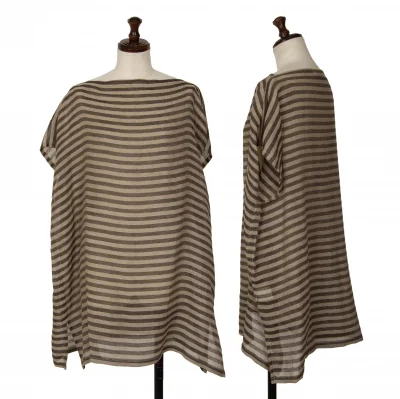 プランテーションPlantation リネンポリボーダーノースリーブカットソー ベージュチャコール