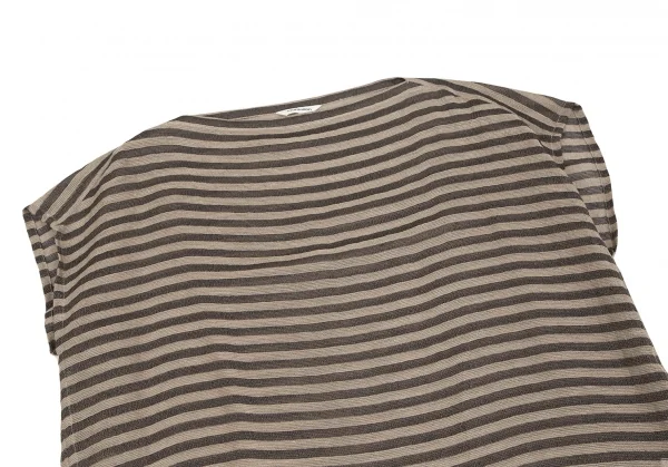 プランテーションPlantation リネンポリボーダーノースリーブカットソー ベージュチャコールM K-127053_003