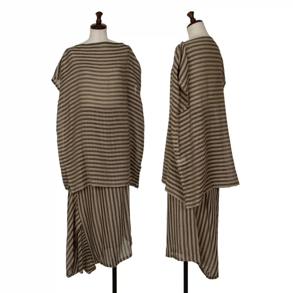 プランテーションPlantation リネンポリストライプ変形デザイン2WAYパンツスカート ベージュチャコールM K-127054_010