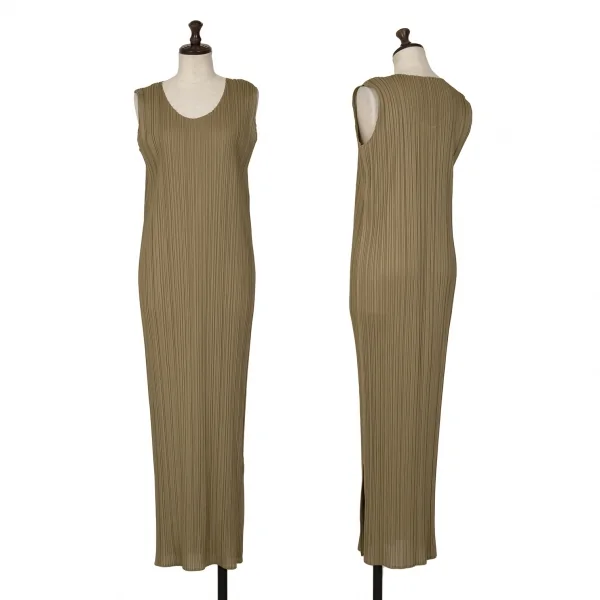 プリーツプリーズPLEATS PLEASE サイドスリットマキシ丈ノースリーブワンピース モカ3 K-127142_001