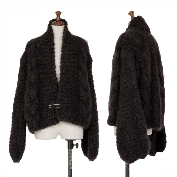 タオtao モヘヤナイロン縄柄手編みピン留めニットカーディガン 黒L位 K-127242_001