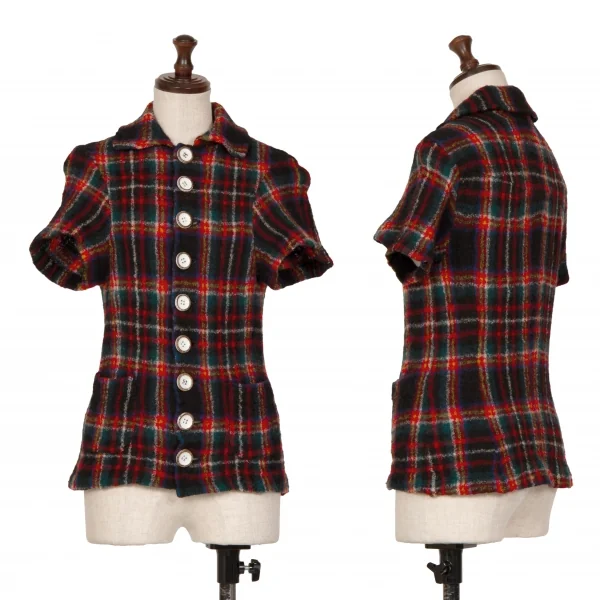 スナオクワハラsunaokuwahara ウール縮絨ウッドボタンタータンチェック半袖シャツ 黒赤他M K-127296_001
