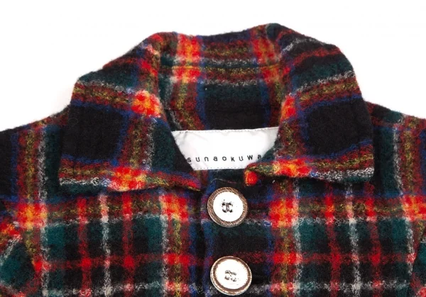 スナオクワハラsunaokuwahara ウール縮絨ウッドボタンタータンチェック半袖シャツ 黒赤他M K-127296_004