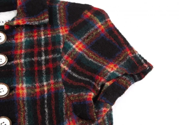 スナオクワハラsunaokuwahara ウール縮絨ウッドボタンタータンチェック半袖シャツ 黒赤他M K-127296_006