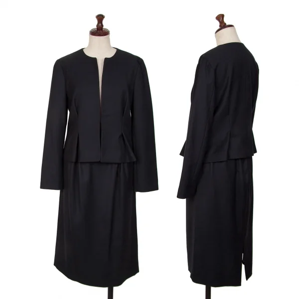 YOKO CHAN Wool Gabardine Collarless Jacket & Skirt Navy 38 K-127412_001