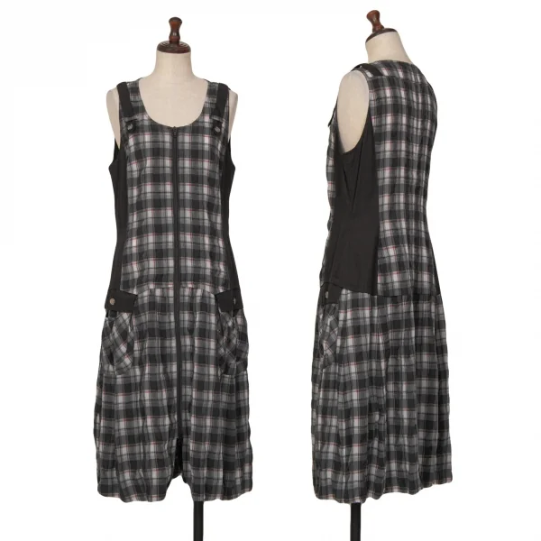 センソユニコt.b SENSOUNICO チェック切替フロントダブルジップノースリーブワンピース 黒グレー赤38 K-127539_001