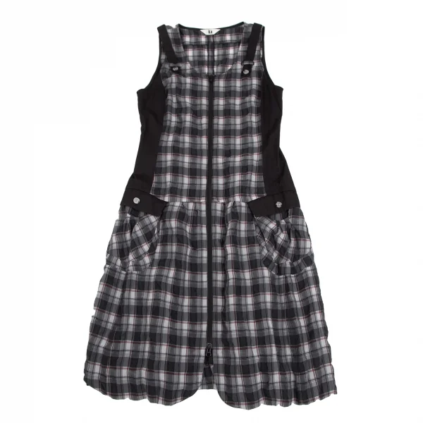 センソユニコt.b SENSOUNICO チェック切替フロントダブルジップノースリーブワンピース 黒グレー赤38 K-127539_002