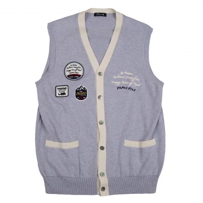 パパスプラスPapas+ コットンパッチ刺繍デザインVネックニットベスト 水色