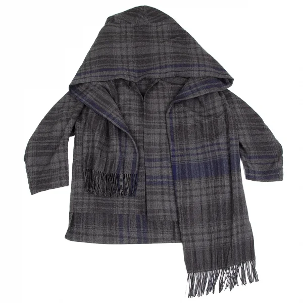 ワイズY's ウールチェックフリンジマフラーデザインジャケット グレー2 K-128004_002
