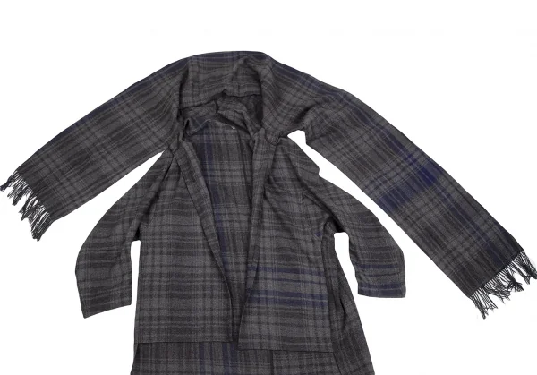 ワイズY's ウールチェックフリンジマフラーデザインジャケット グレー2 K-128004_004