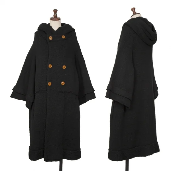 Y's Wool Low Gauge Hooded Double  Knit Coat Black 2 K-128005_001