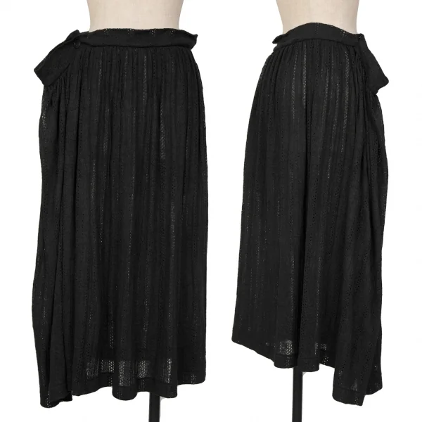 Y's Poly Linen Needle Cut Striped Gathers Skirt Black 2 K-128007_001