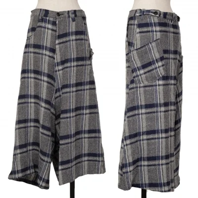 Y's Check Wool Asymmetry Dropped Crotch Pants