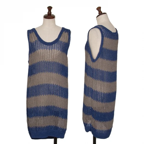 イッセイミヤケ ミーISSEY MIYAKE me ボーダーノースリーブニットチュニック 青グレーF K-128382_001