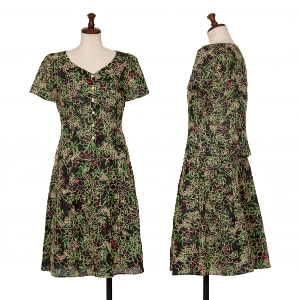 シビラSybilla ボタニカルステッチ＆プリントリネンセットアップスーツ 黒緑赤M K-128436_001