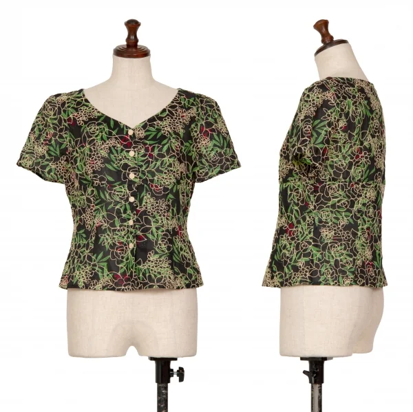 シビラSybilla ボタニカルステッチ＆プリントリネンセットアップスーツ 黒緑赤M K-128436_002