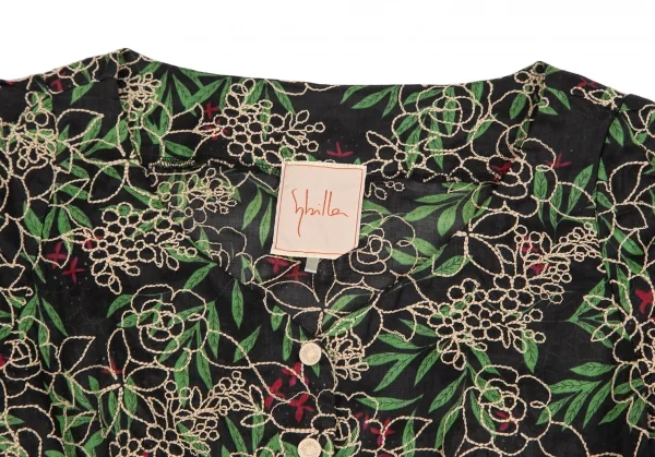 シビラSybilla ボタニカルステッチ＆プリントリネンセットアップスーツ 黒緑赤M K-128436_004