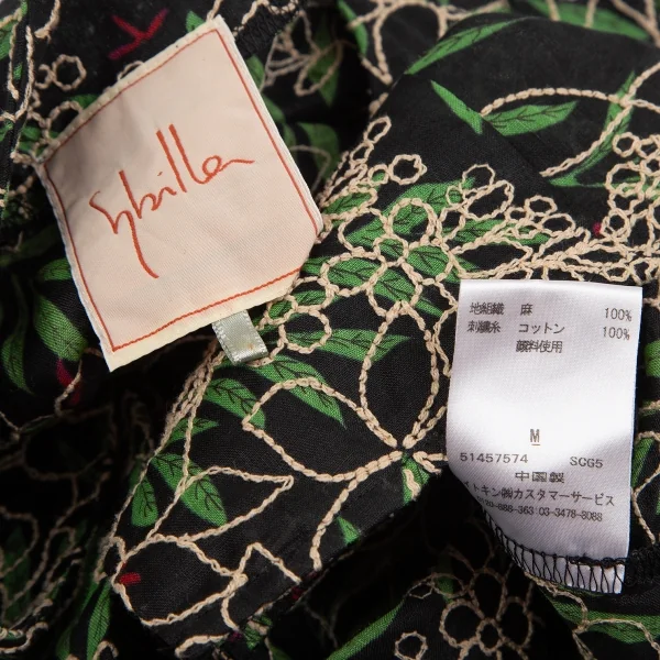 シビラSybilla ボタニカルステッチ＆プリントリネンセットアップスーツ 黒緑赤M K-128436_010