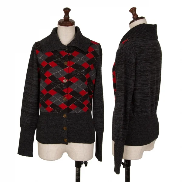 ヴィヴィアンウエストウッド レッドレーベルVivienne Westwood Red Label リブカラーアーガイルチェックカーディガン チャコールグレー赤M位 K-128481_001