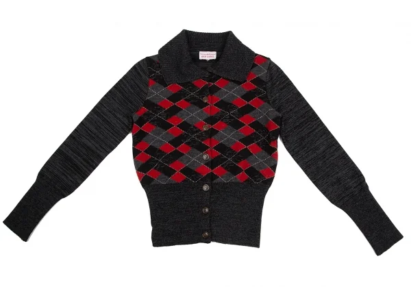 ヴィヴィアンウエストウッド レッドレーベルVivienne Westwood Red Label リブカラーアーガイルチェックカーディガン チャコールグレー赤M位 K-128481_002