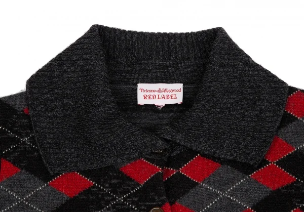 ヴィヴィアンウエストウッド レッドレーベルVivienne Westwood Red Label リブカラーアーガイルチェックカーディガン チャコールグレー赤M位 K-128481_003