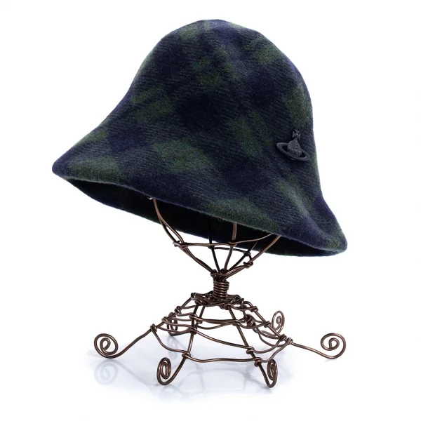 ヴィヴィアンウエストウッドVivienne Westwood オーブプレートタータンチェックウールハット 緑紺M~S K-128496_001