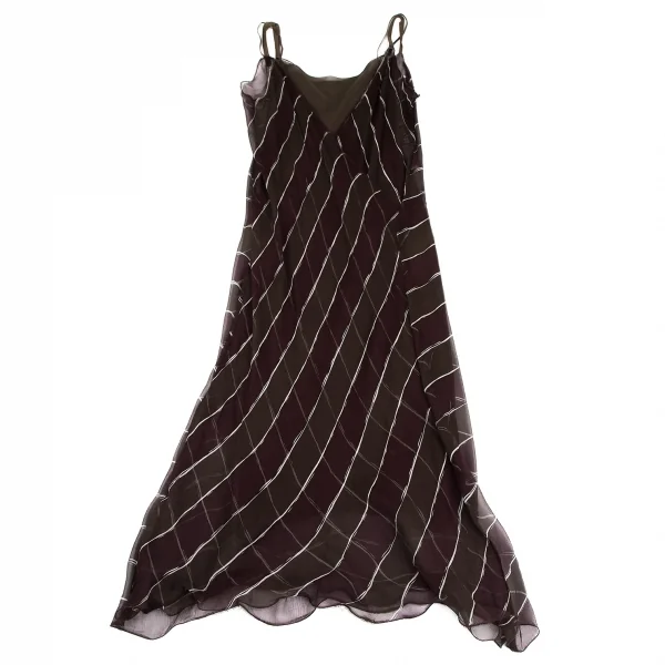 プラダPRADA シルクシースルーボーダーキャミワンピース 茶紫42 K-128539_002