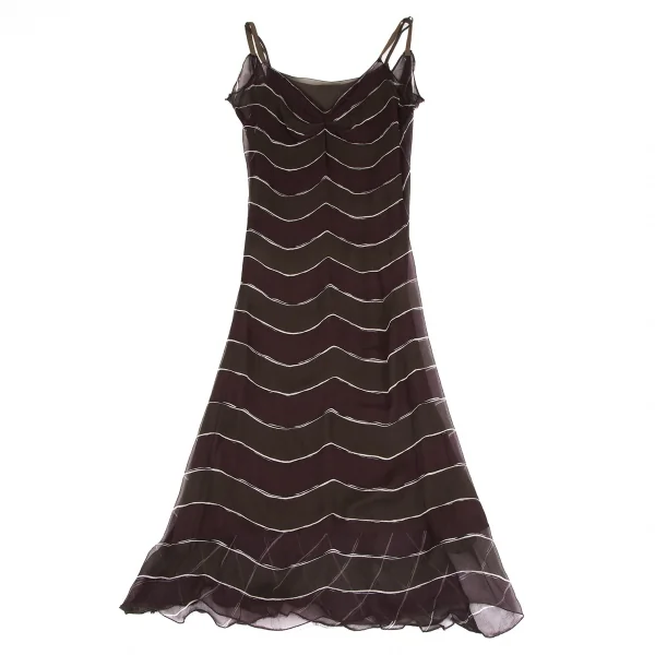 プラダPRADA シルクシースルーボーダーキャミワンピース 茶紫42 K-128539_009