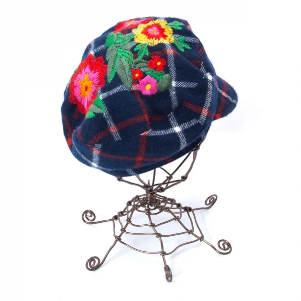 ヴィヴィアンウエストウッドVivienne Westwood ウールフラワーエンブロイダリーチェックキャスケット 紺他 K-128623_001