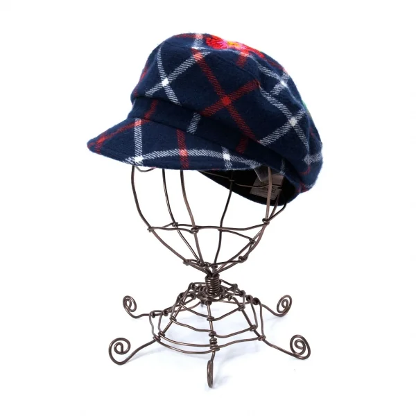 ヴィヴィアンウエストウッドVivienne Westwood ウールフラワーエンブロイダリーチェックキャスケット 紺他 K-128623_002