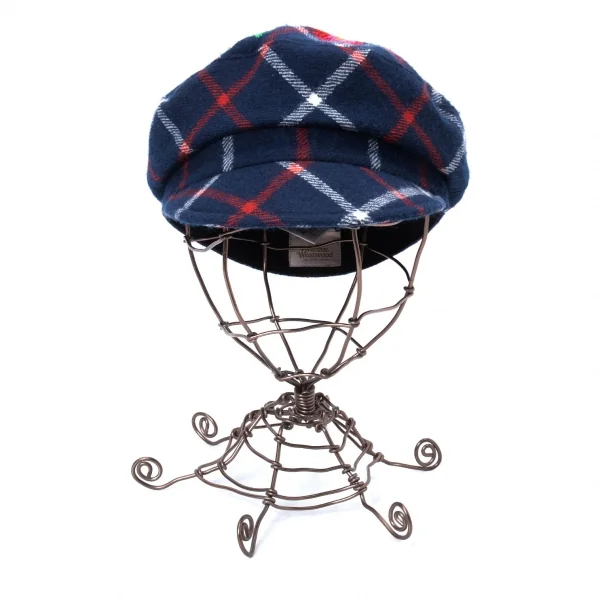 ヴィヴィアンウエストウッドVivienne Westwood ウールフラワーエンブロイダリーチェックキャスケット 紺他 K-128623_003