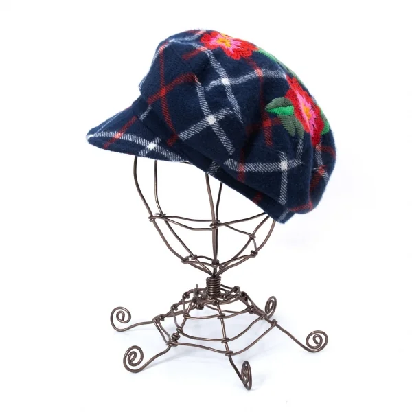 ヴィヴィアンウエストウッドVivienne Westwood ウールフラワーエンブロイダリーチェックキャスケット 紺他 K-128623_004
