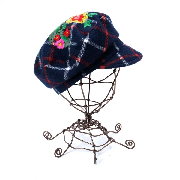 ヴィヴィアンウエストウッドVivienne Westwood ウールフラワーエンブロイダリーチェックキャスケット 紺他 K-128623_005