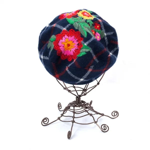 ヴィヴィアンウエストウッドVivienne Westwood ウールフラワーエンブロイダリーチェックキャスケット 紺他 K-128623_006