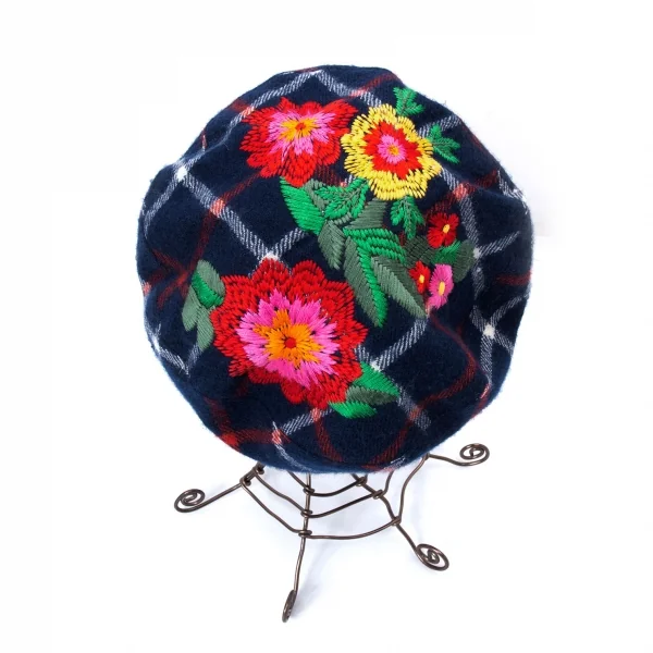 ヴィヴィアンウエストウッドVivienne Westwood ウールフラワーエンブロイダリーチェックキャスケット 紺他 K-128623_007