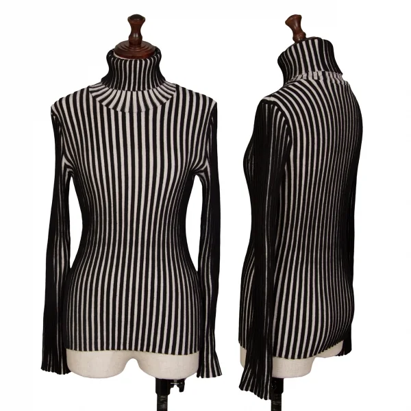 イッセイミヤケISSEY MIYAKE バイカラーリブタートルネックニット 白黒2 K-128707_001