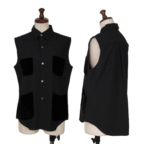 ローブドシャンブル コムデギャルソンrobe de chambre COMME des GARCONS ベロアポケットウールノースリーブブラウス 黒M位 K-128821_001