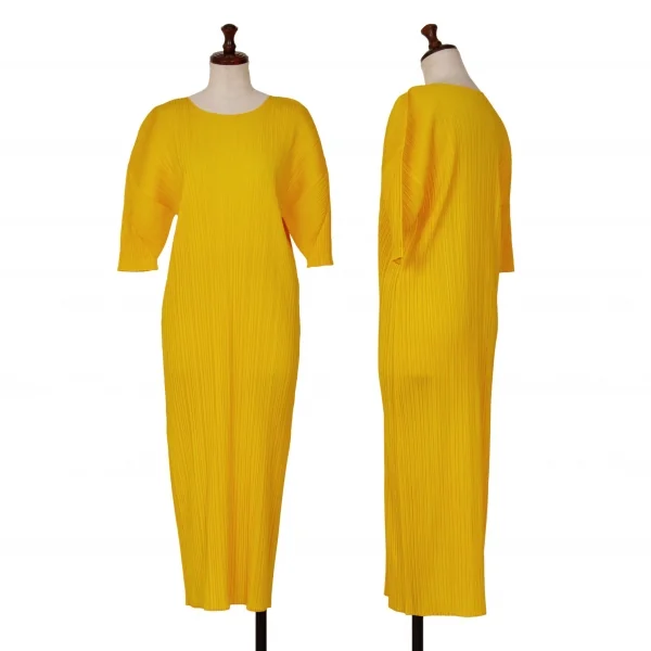 美品✨PLEATSPLEASE プリーツプリーズ ワンピース 半袖 3 / L プリーツプリーズPLEATS PLEASE プリーツ半袖ワンピース 黄色3