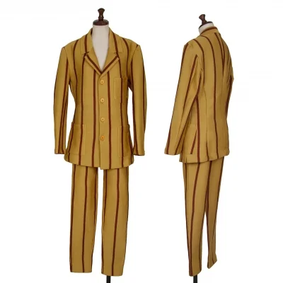 イッセイミヤケISSEY MIYAKEポリストライプニットセットアップ マスタード