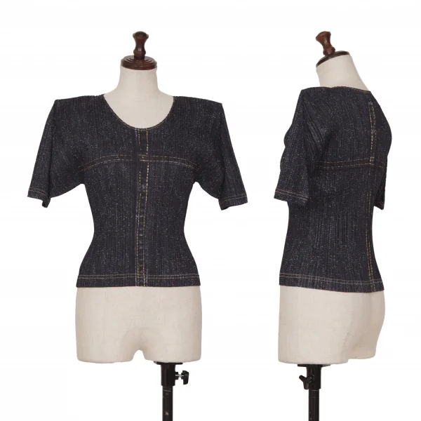 プリーツプリーズPLEATS PLEASE デニム転写プリントプリーツTシャツ インディゴM位 K-129085_001